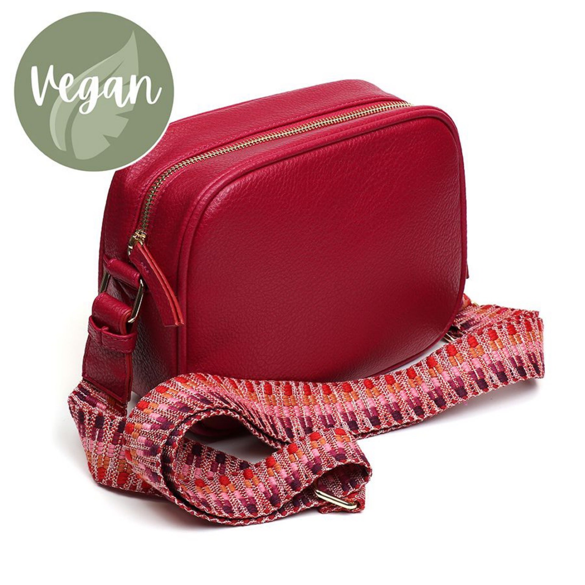 POM Raspberry Red Vegan Leather Camera Bag With Pink Multi Zigzag Webbing Strap Paper Ribbons