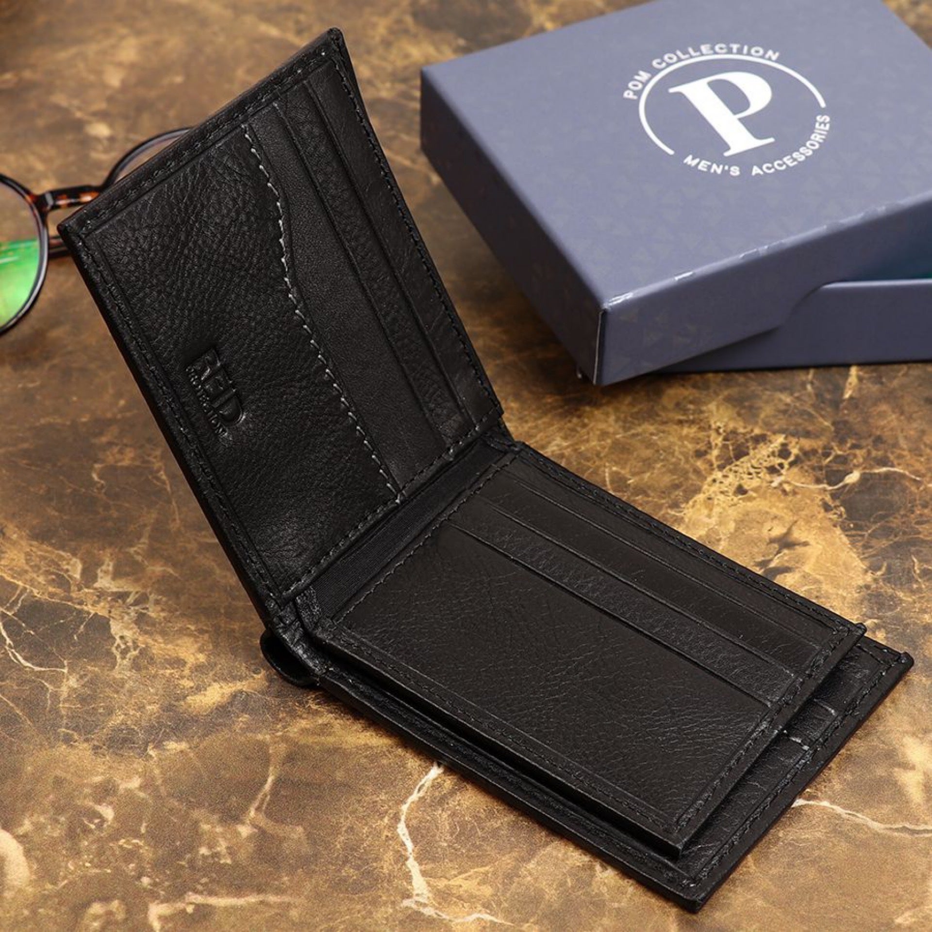 POM Black Bi Fold Leather Wallet Paper Ribbons
